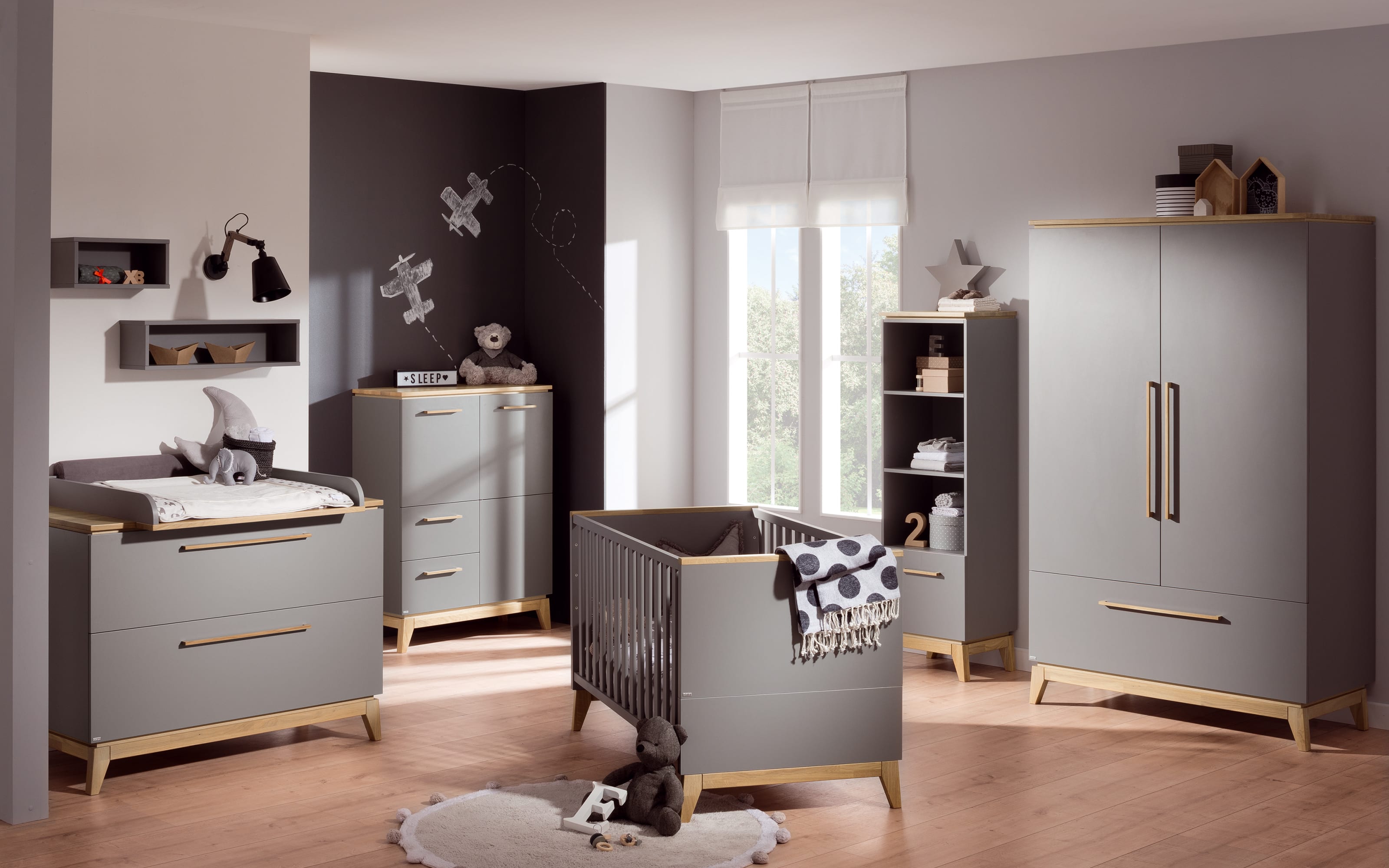 Kleiderschrank Sten, schiefergrau/Eiche massiv, 123 x 200 cm