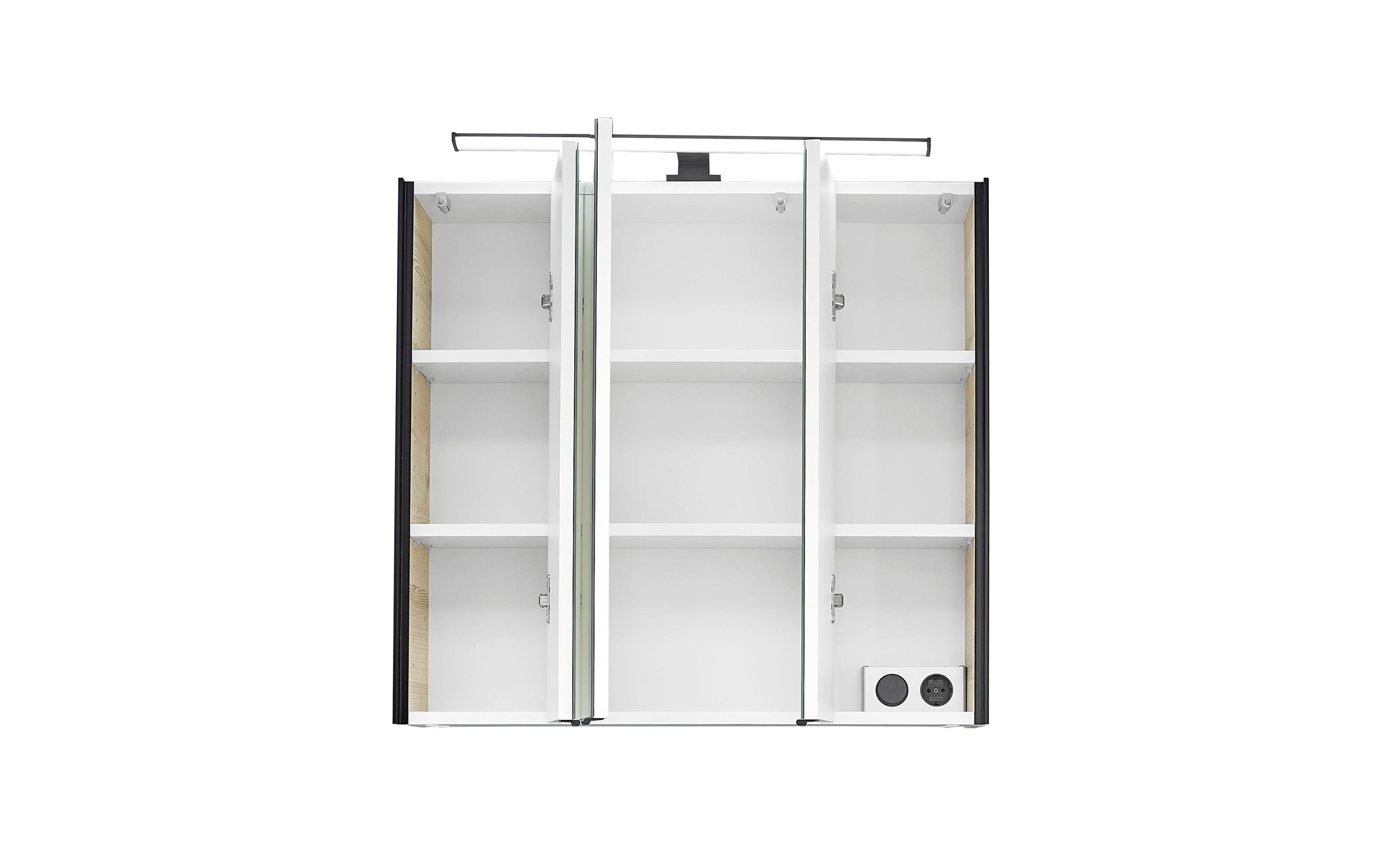 Spiegelschrank 3-türig, Polar Pinie Nachbildung, Absetzung in schwarz
