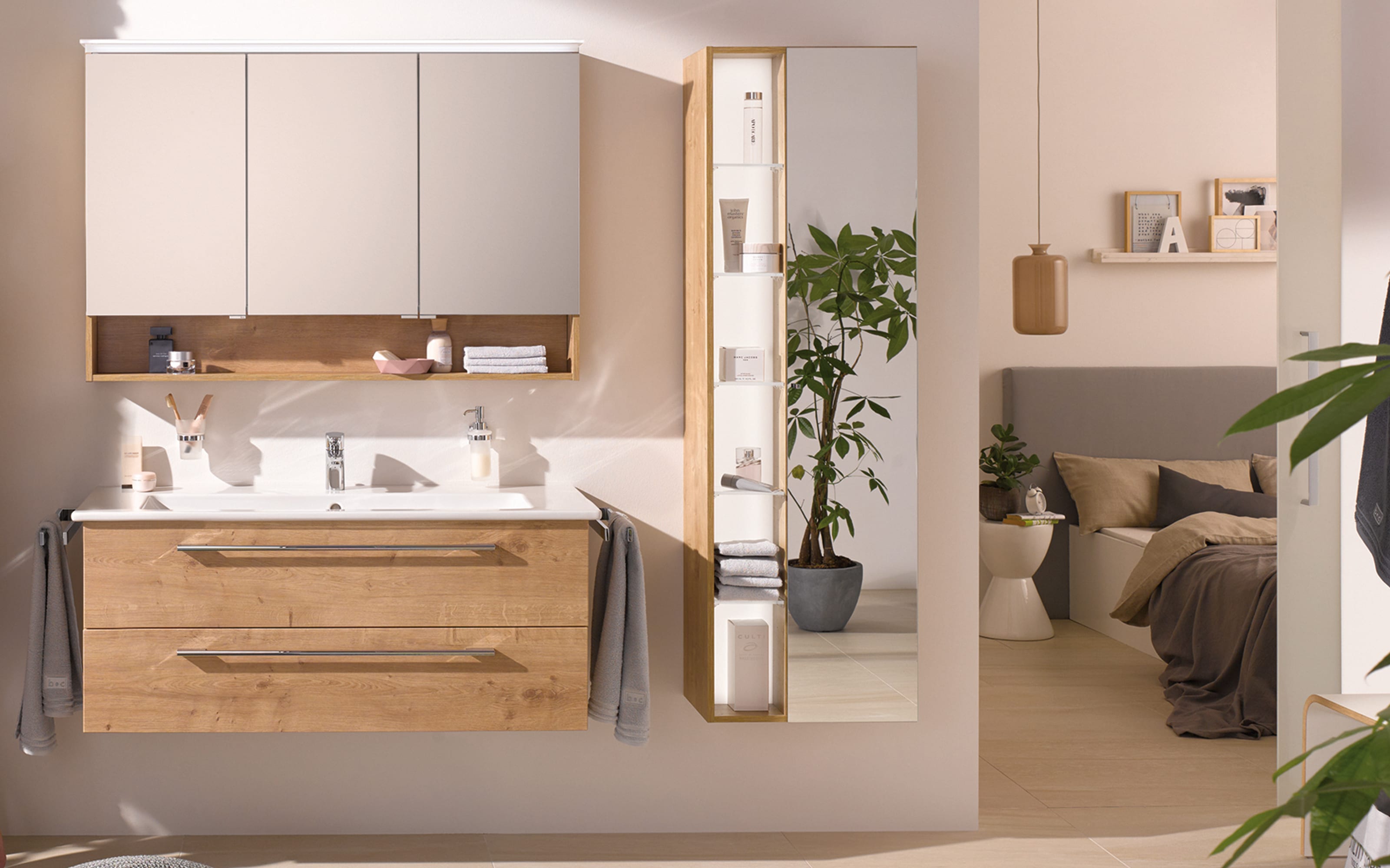 Set Keramikwaschtisch und Waschtischunterschrank b.brace in Eiche natur Nachbildung