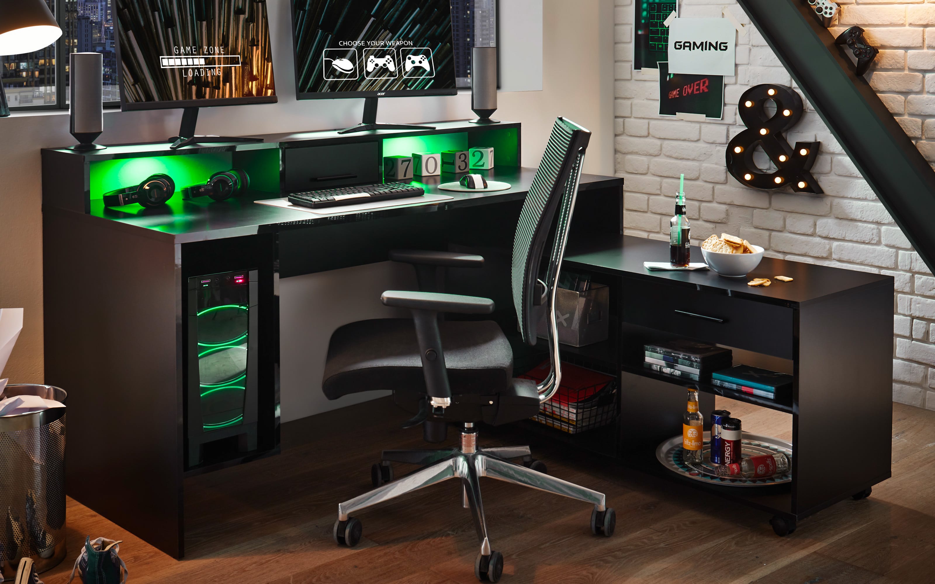 Schreibtisch Highscore 3 in schwarz Matt, inklusive Beleuchtung 