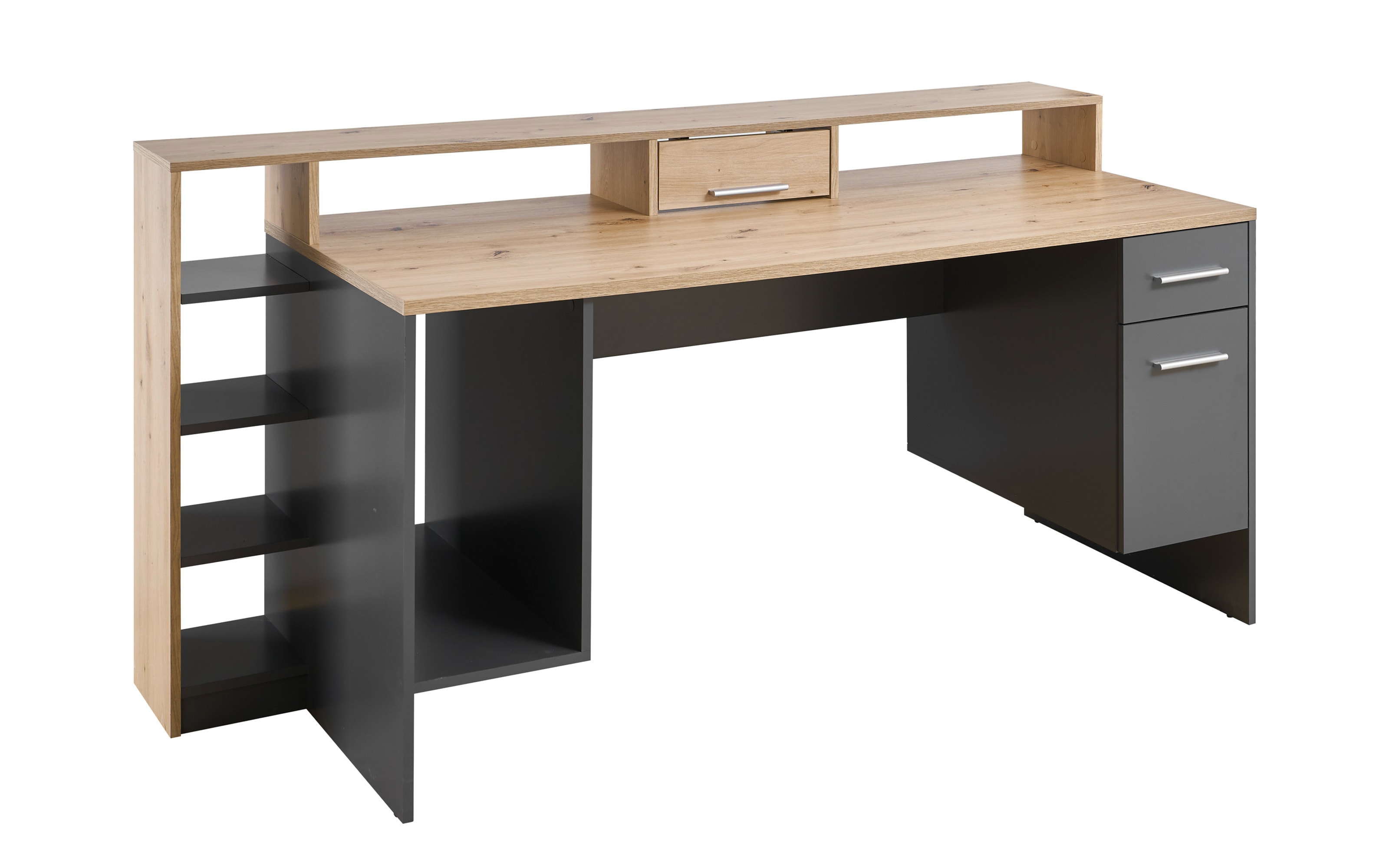 Schreibtisch Highscore 4 in Artisan Eiche Nachbildung- grau matt, inklusive Beleuchtung 