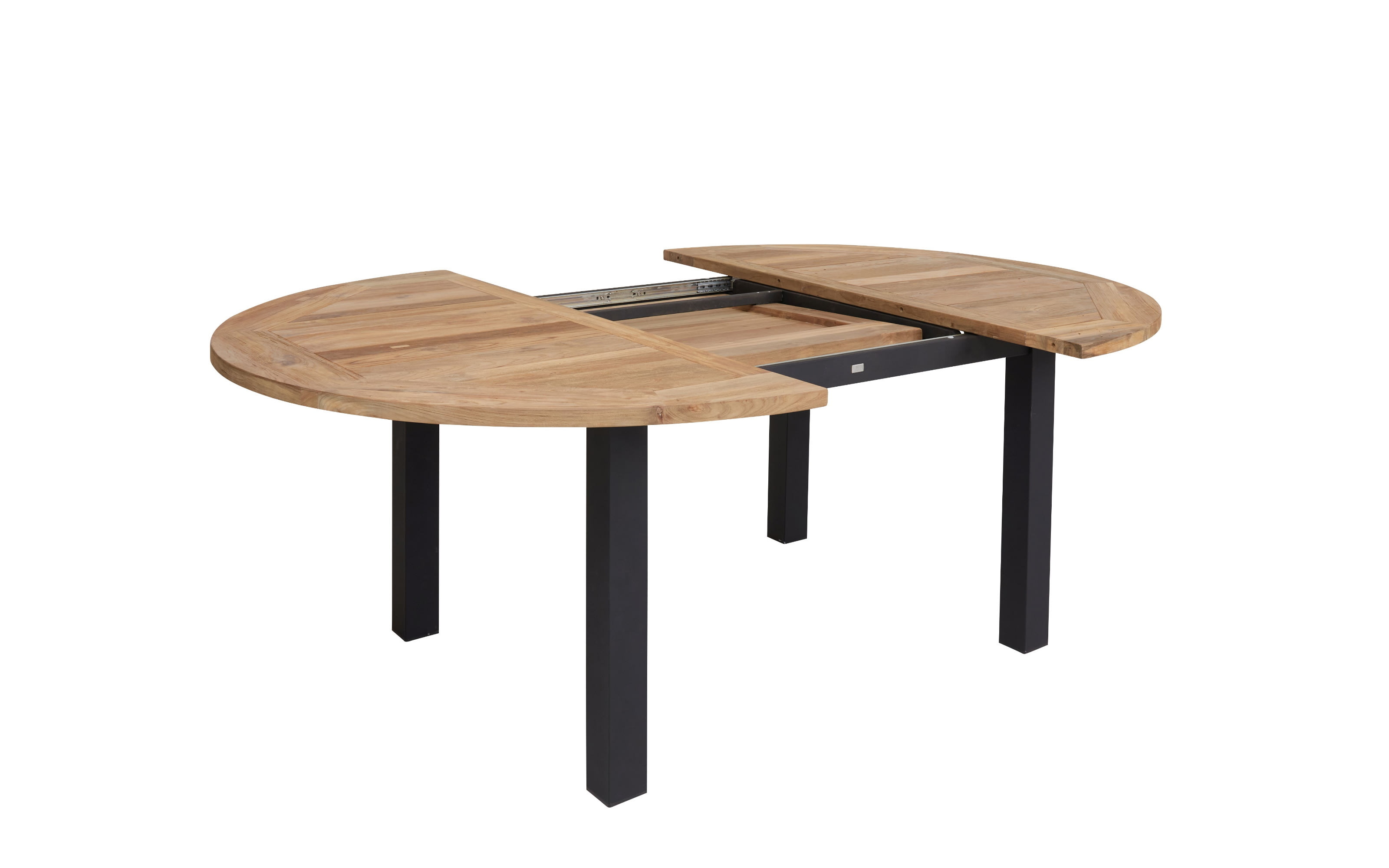 Gartentisch Pulligo, Metallgestell schwarz, Tischplatte Teakholz, ausklappbar