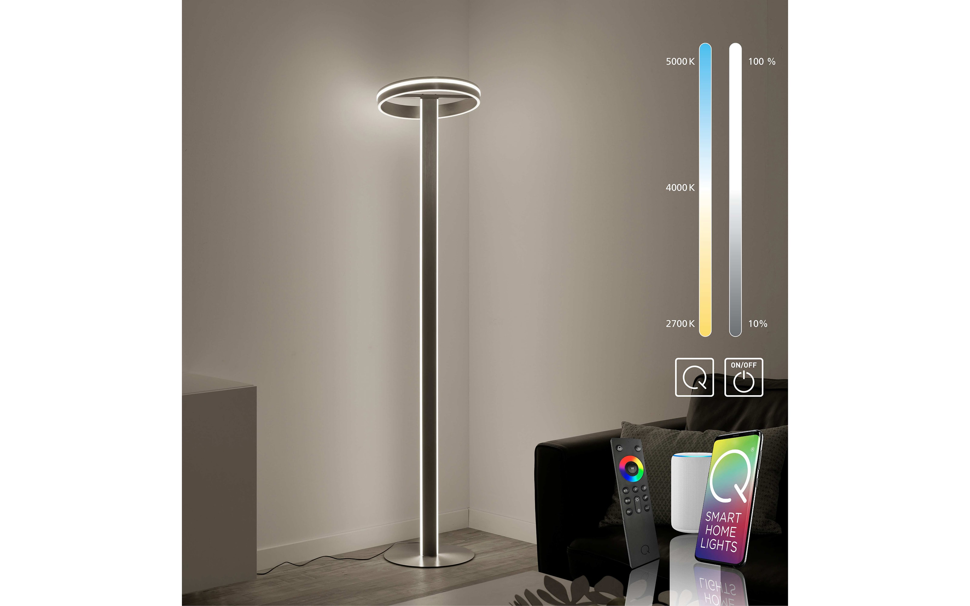 LED-Standleuchte Q-Vito CCT in stahlfarbig, 180 cm