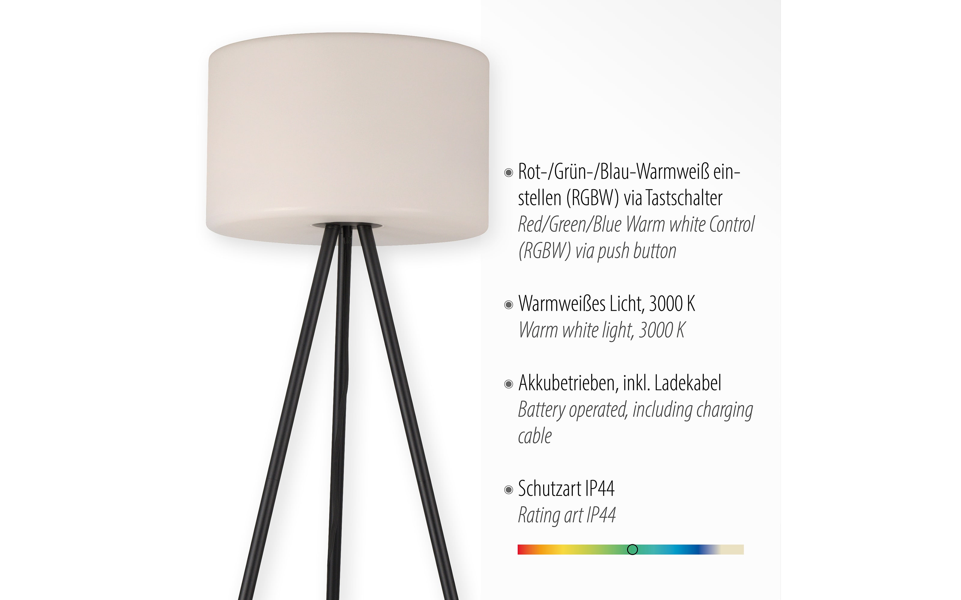 LED-Akku-Standleuchte Holly RGB IP44 in schwarz/weiß, 135 cm