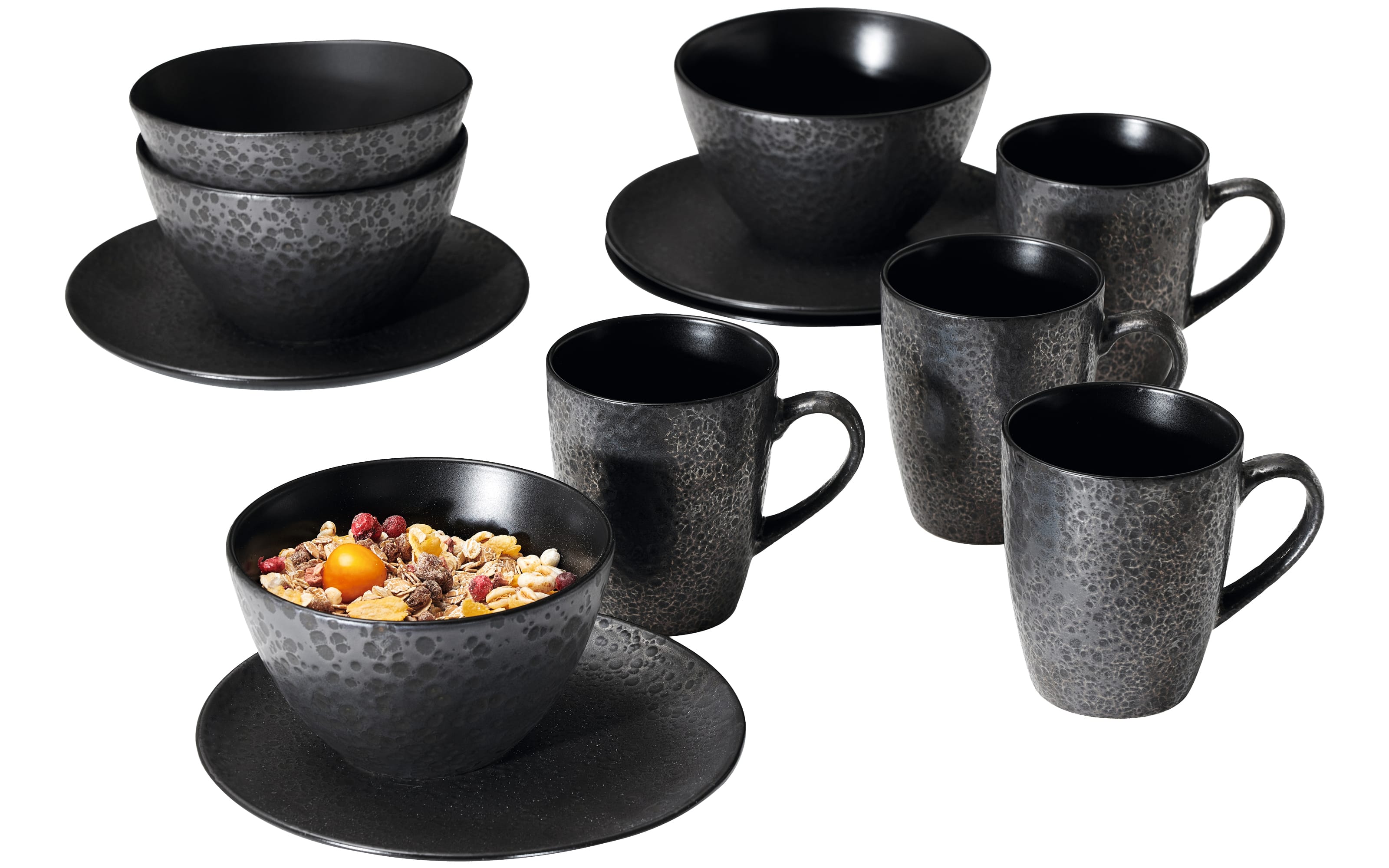 Frühstücksservice Kitwe aus Keramik in schwarz, 12 teilig