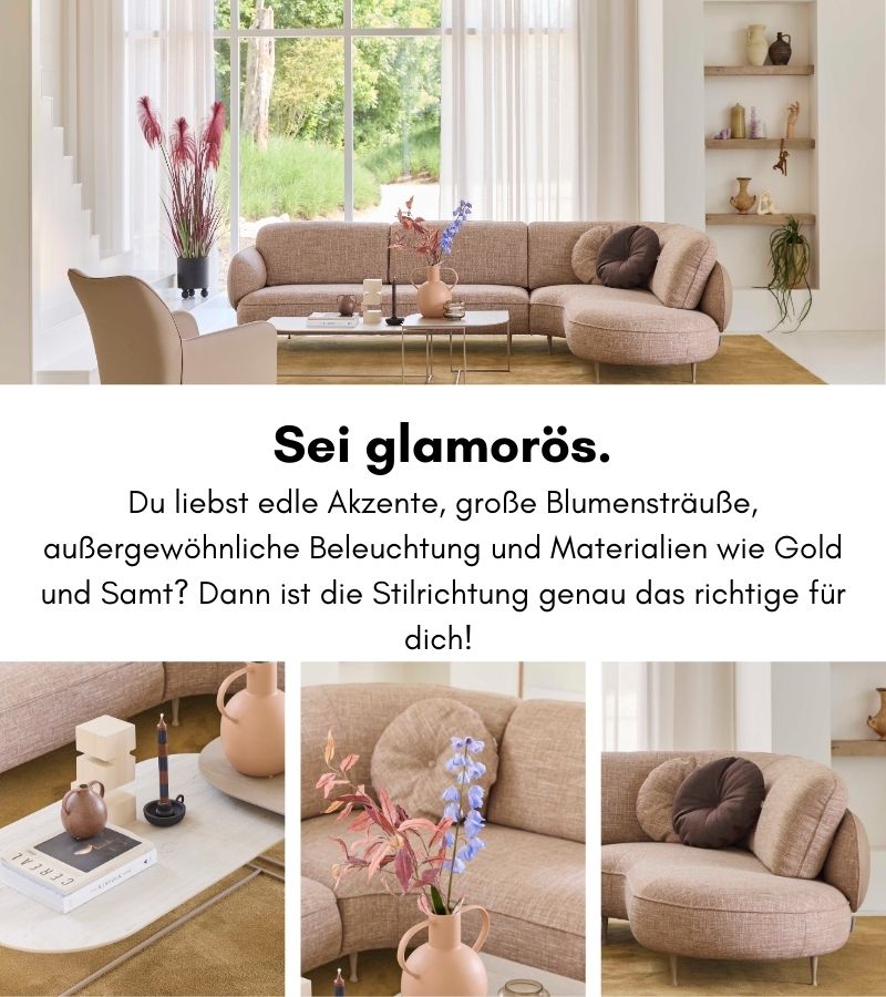 Wohnzimmer im glamorösen Einrichtungsstil.
