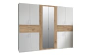 Drehtürenschrank Taiga, weiß,  270 x 208 cm, mit Absetzungen in Plankeneiche,