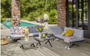 Gartensofa Vesta in hellgrau, Auszugstisch vorstehend links, Kopfteilverstellung rechts