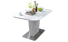 Säulentisch Ubora in weiß, mit ausziehbarer Tischplatte aus Glas