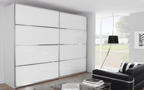Schwebetürenschrank Sandrin, alpinweiß, Front Glas, 320 x 236 cm