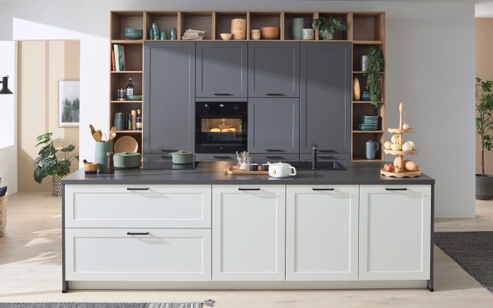 Einbauküche Nordic, weiß/schiefergrau, inkl. Miele Elektrogeräte-01