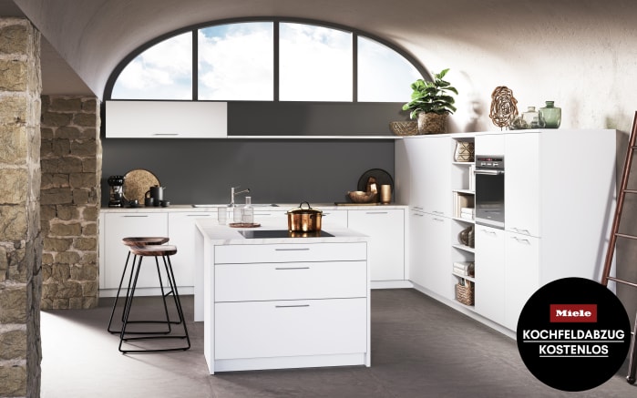 Einbauküche Uno, kristallweiß, inklusive Miele Kochfeldabzug, inklusive Elektrogeräte-01