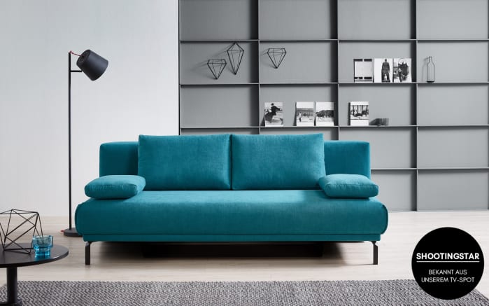 Schlafsofa Carina in türkis, mit schwarzen Metallfüßen