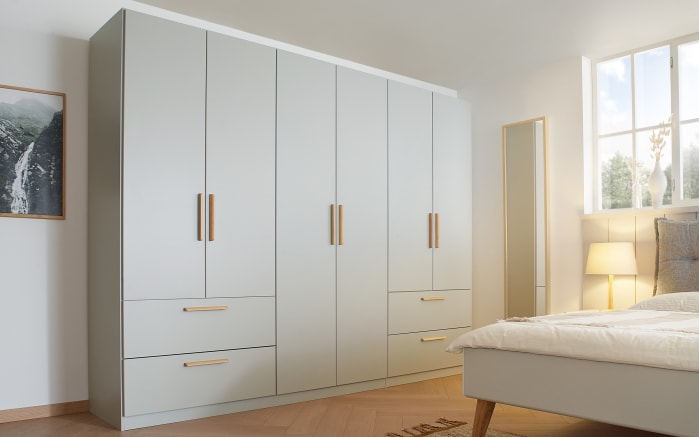Drehtürenschrank Skandi in seidengrau, mit 4 Schubkästen, Breite ca. 271 cm-01