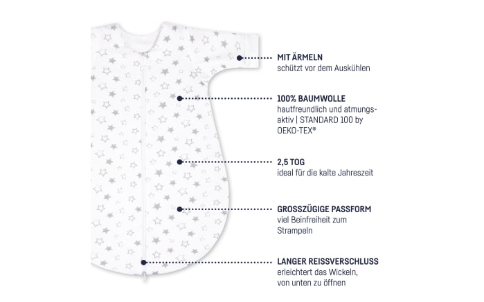 Jersey Winterschlafsack in weiß mit grauen Sternen, Länge ca. 86 cm-02