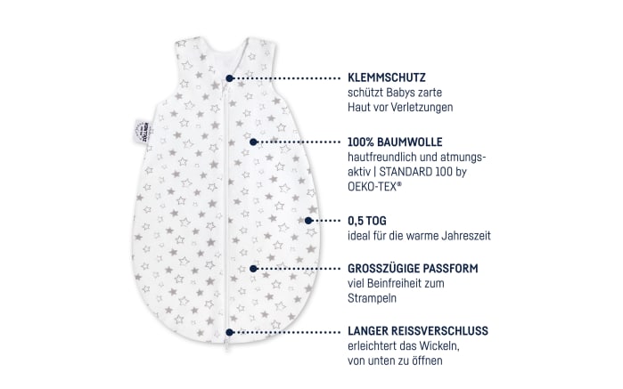 Jersey Sommerschlafsack in weiß mit grauen Sternen, Länge ca. 98 cm-02
