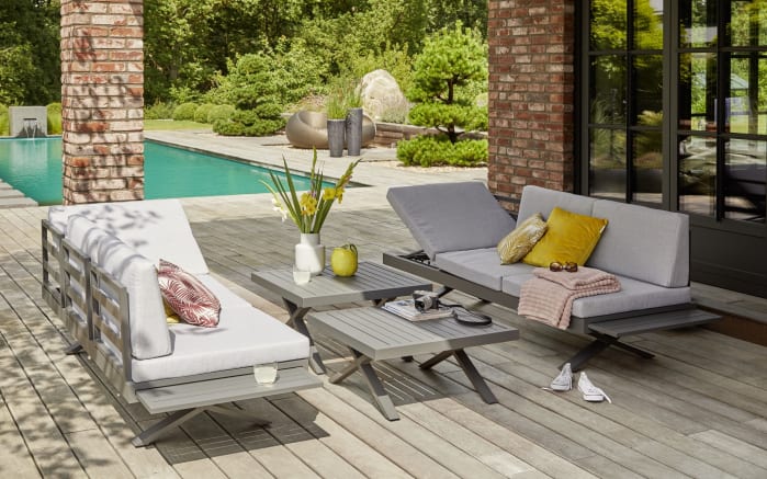 Gartensofa Vesta in hellgrau, Auszugstisch vorstehend links, Kopfteilverstellung rechts-10