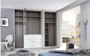 Drehtürenkleiderschrank Montclar, Hochglanz weiß, 250 x 223 cm, inkl. 2 Spiegeltüren und 3 Schubkästen