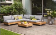 Gartenlounge Olligona, graue Kissen, Gestell aus Teakholz