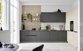 Einbauküche Lenzen/Stadum, taupegrau/Eiche, inkl. AEG Elektrogeräte