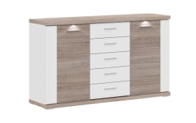 Sideboard Manhattan, weiß Hochglanz, Eiche Sägerau geschroppt Nachbildung, inkl. Korpusfrontbeleuchtung