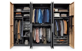 Drehtürenschrank Joline, Lack graphit/Wildeiche massiv, 299 x 222 cm