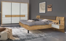 Schlafzimmer Sala 2.0, Bianco-Eiche/Glas weiß, 180 x 200 cm, Schrank 300 x 216 cm