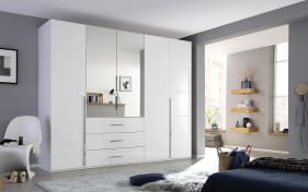 Drehtürenkleiderschrank Montclar, Hochglanz weiß, 250 x 223 cm, inkl. 2 Spiegeltüren und 3 Schubkästen