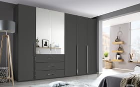 Drehtürenkleiderschrank Montclar, graphit matt, 300 x 223 cm, inkl. 2 Spiegeltüren und 3 Schubkästen