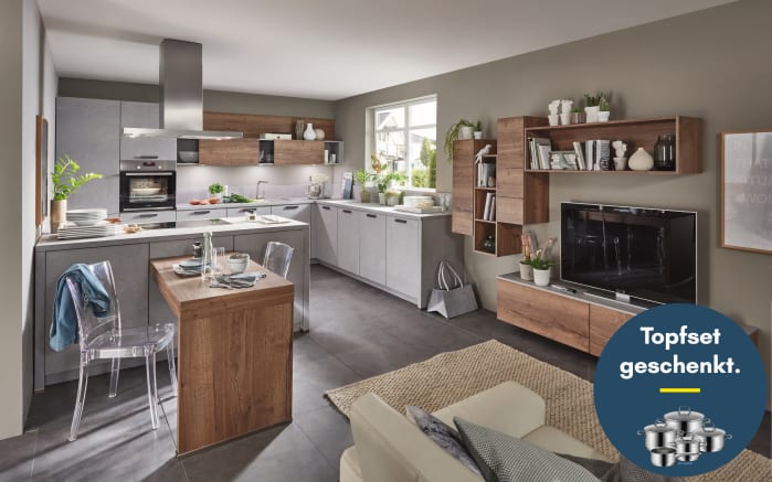Einbauküche Seega/Stadum, schiefergrau/Eiche Havanna Nachbildung, inkl. Siemens Elektrogeräte-01