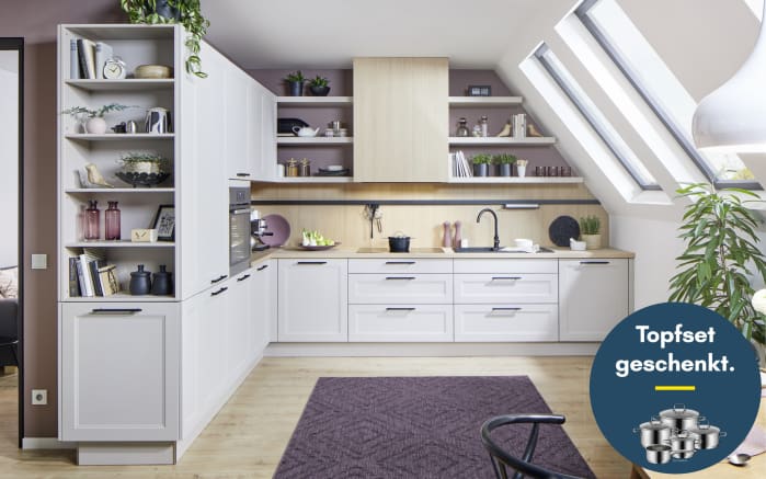 Einbauküche Ravenna, weiß, beige, inkl. Miele Elektrogeräte-01