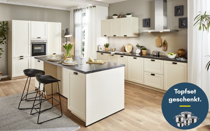 Einbauküche Ravenna, creme magnolie, inkl. AEG Elektrogeräte-01