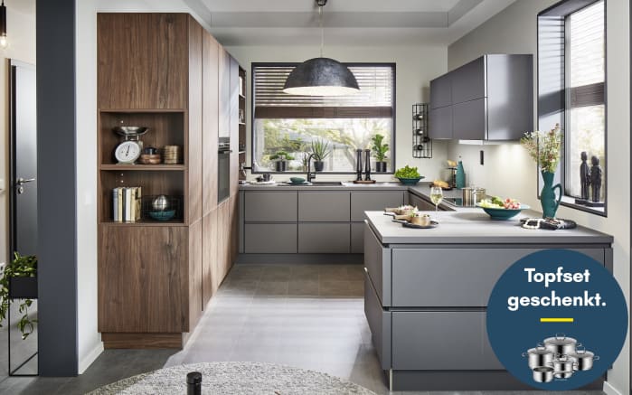 Einbauküche Uno/Bali, perlgrau/Nussbaum Nachbildung, inkl. Miele Elektrogeräte-01