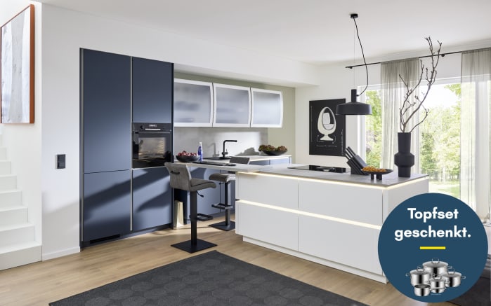 Einbauküche Esilia, weiß matt/fjordblau, inkl. Siemens Elektrogeräte-01