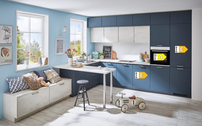 Einbauküche Esiilia/Rosian, fjordblau, inkl. Bosch Elektrogeräte-04