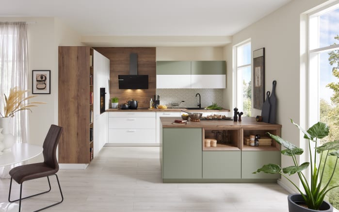 Einbauküche Sunta, weiß/olive, inkl. AEG Elektrogeräte-01