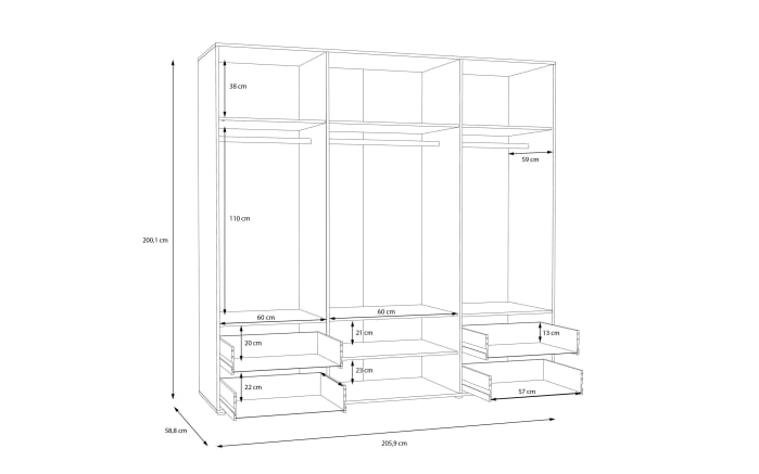 Kleiderschrank Mokkaris, Mauvella Eiche-Nachbildung/weiß, 205,9 x 200,1 cm-07