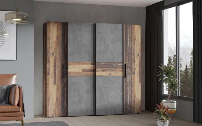 Kleiderschrank Kalixtus, Old Wood-Nachbildung/Beton-Nachbildung, 200 x 190,5 cm-01