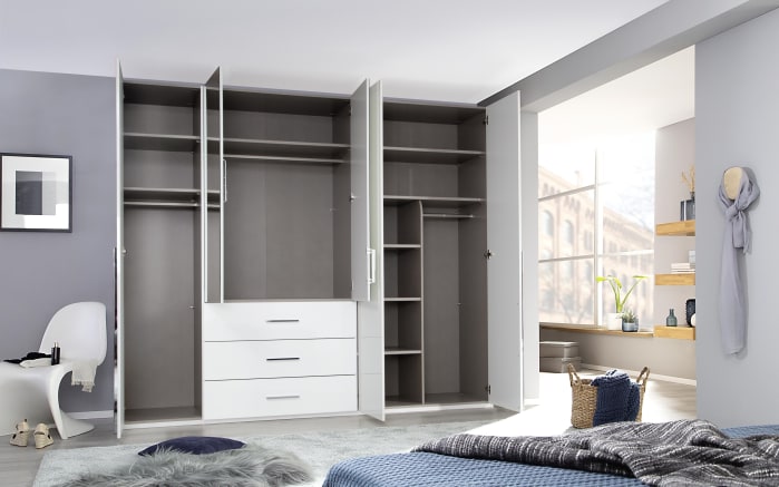 Drehtürenkleiderschrank Montclar, Hochglanz weiß, 250 x 223 cm, inkl. 2 Spiegeltüren und 3 Schubkästen-02
