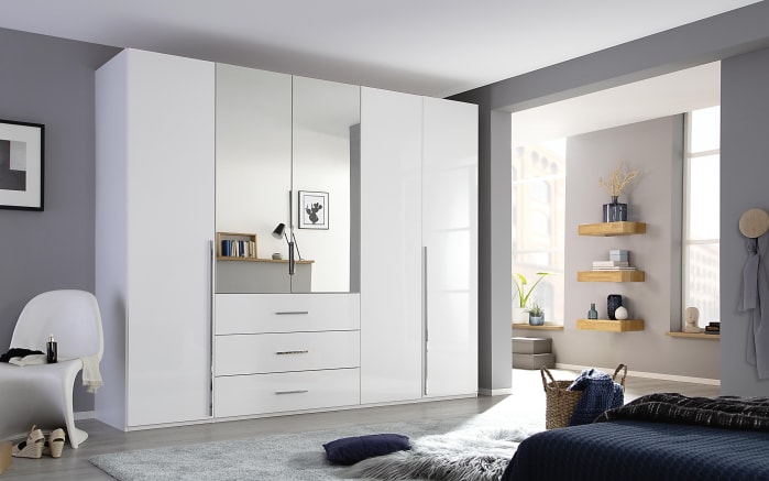 Drehtürenkleiderschrank Montclar, Hochglanz weiß, 250 x 223 cm, inkl. 2 Spiegeltüren und 3 Schubkästen-01