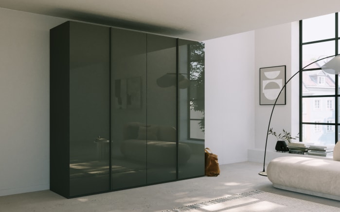 Drehtürenschrank Skat, graphit/Farbglas basalt, 201 x 223 cm-01