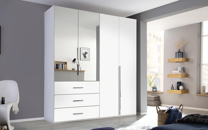 Drehtürenkleiderschrank Montclar, Hochglanz weiß, 200 x 223 cm, inkl. 2 Spiegeltüren und 3 Schubkästen-01