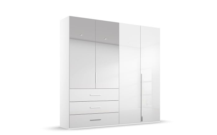 Drehtürenkleiderschrank Montclar, Hochglanz weiß, 200 x 223 cm, inkl. 2 Spiegeltüren und 3 Schubkästen-02