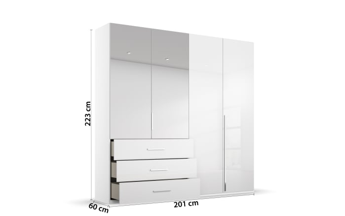 Drehtürenkleiderschrank Montclar, Hochglanz weiß, 200 x 223 cm, inkl. 2 Spiegeltüren und 3 Schubkästen-05