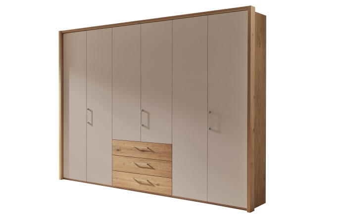 Schlafzimmer Cadiz, Balkeneiche Furnier/Lack taupe, Absetzungen Eiche Riffholz, 180 x 200 cm, Schrank  270 x 229 cm-02