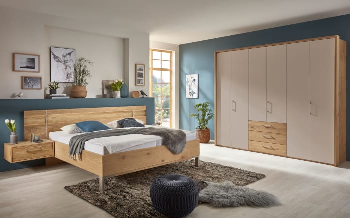 Schlafzimmer Cadiz, Balkeneiche Furnier/Lack taupe, Absetzungen Eiche Riffholz, 180 x 200 cm, Schrank  270 x 229 cm-01