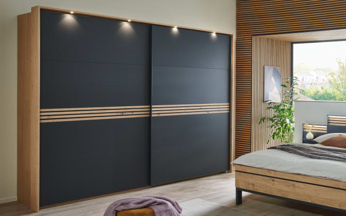 Schlafzimmer Cabrillo, basalt, Absetzungen Balkeneiche furniert, 180 x 200 cm, Schrank 270 x 230 cm-02