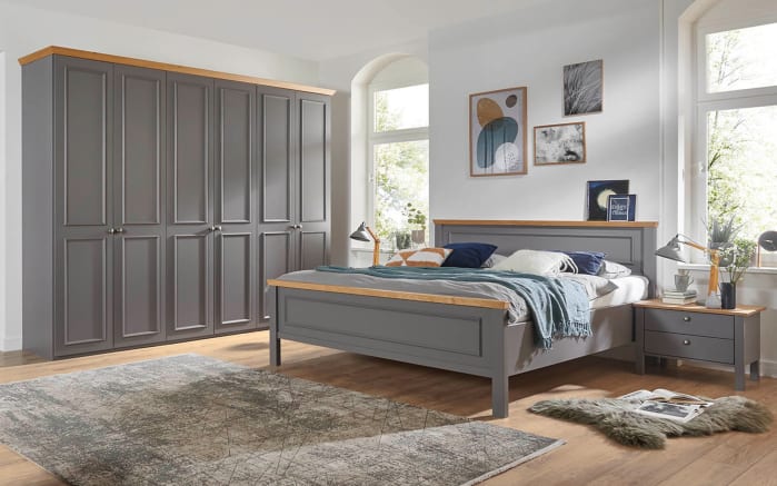 Schlafzimmer Charleston, Lack Manhattan, Absetzungen Wildeiche massiv, 180 x 200 cm, Schrank  300 x 230 cm-01