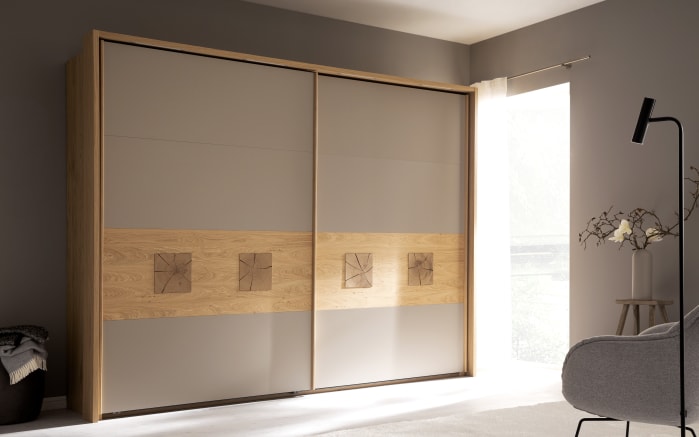 Schwebetürenschrank Multiline, Lack taupe/Balkeneiche, 270,6 x 230 cm