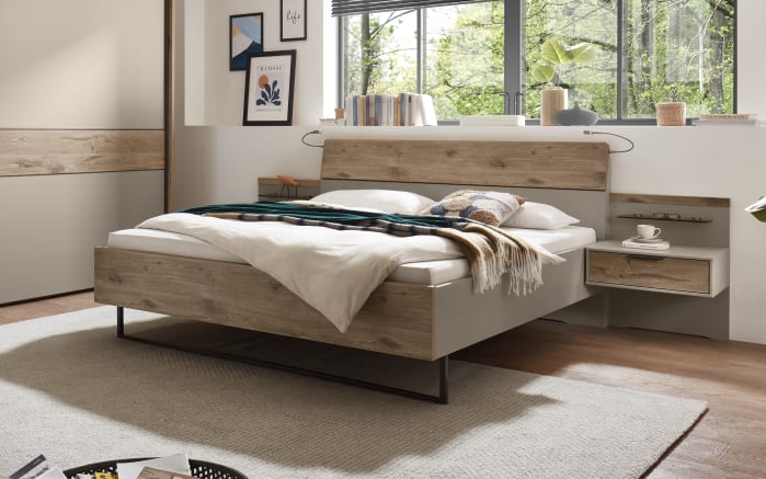 Bettanlage Dublin, grau/Eiche-Nachbildung, 180 x 200 cm, inkl. Nachtkonsolenpaar